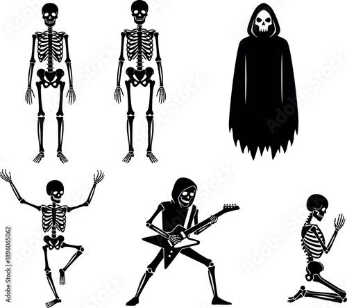 Silhouette set of human skeletons standing, dancing, playing guitar, praying, and grim reaper in black hood