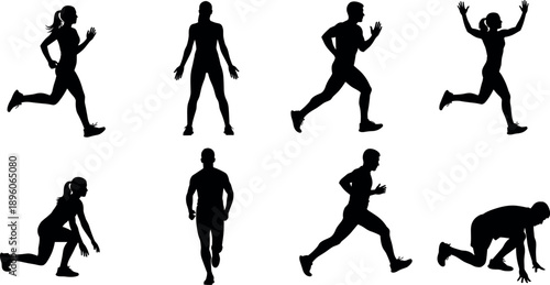 Vector set of black athletic runner silhouettes featuring men and women sprinting, jogging, standing and starting on white background.