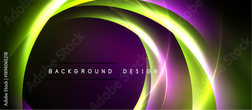 Abstract design features glowing curves, vibrant purple, green hues. Modern background ideal for digital projects, presentations.