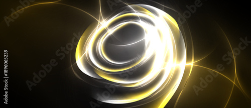 Bright golden swirls dominate dark background. Abstract light patterns create dynamic, flowing visual effect. Energy radiates from central point.
