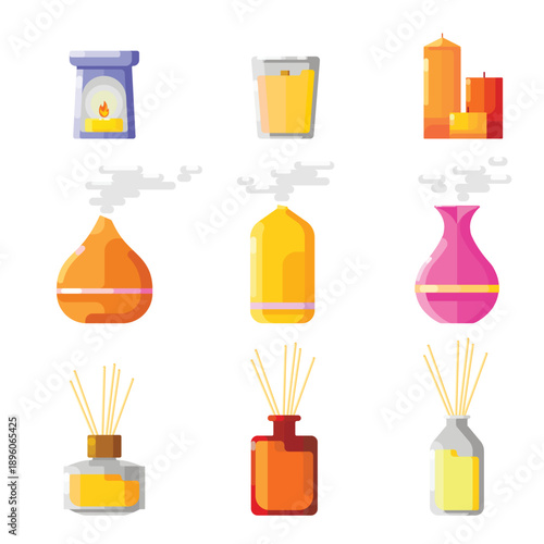 Set of scented candles, aroma diffusers in cartoon style. Vector illustration of scented candles, aroma diffusers with sticks, odor vapors for room aromatization, isolated on white background.