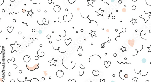 Whimsical Doodle Pattern: A playful assortment of hand-drawn stars, hearts, swirls, and dots, creates a delightful and versatile background. 