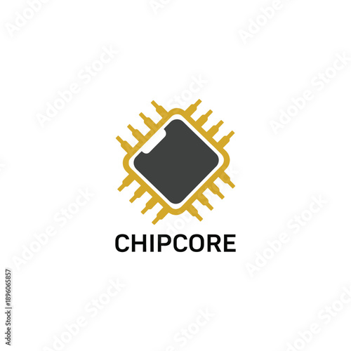 Modern computer processor microchip icon for hardware engineering and artificial intelligence tech startup company brand identity logo CHIPCORE
