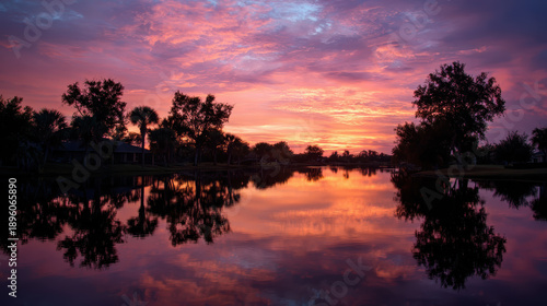 Serene Sunset Over tranquil Water with Trees Reflection