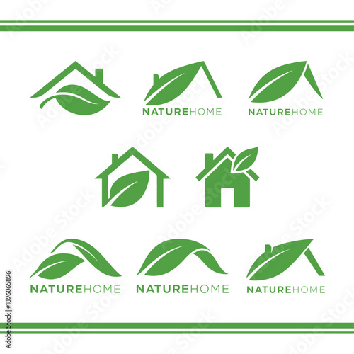 Green leaf and house roof icon set for eco friendly real estate and sustainable architecture branding professional logo design for NATUREHOME