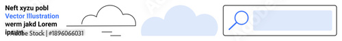 Data search, cloud computing, storage solutions, online research, internet navigation, technology exploration. Minimal cloud symbol and magnifying glass over a search bar. Cloud computing and data