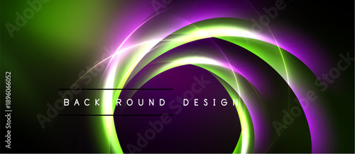 Abstract glowing arcs form dynamic composition. Vivid green, purple hues dominate dark background. Text reads background design.