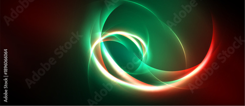 Abstract swirls, vibrant colors blend. Green, red, white illuminate dark background. Dynamic energy radiates from central point.