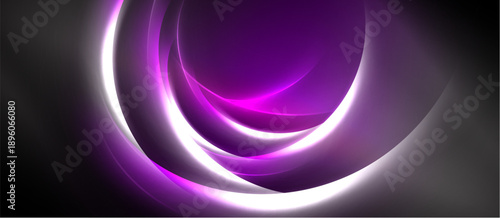 Abstract design features luminous purple, white curves against dark background. Smooth gradients create dynamic visual effect.