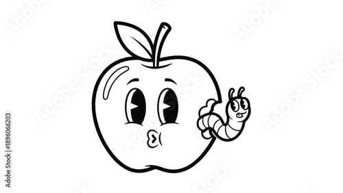 Classic black and white cartoon of a happy apple with a small worm poking its head out, featuring a retro and playful animation style.