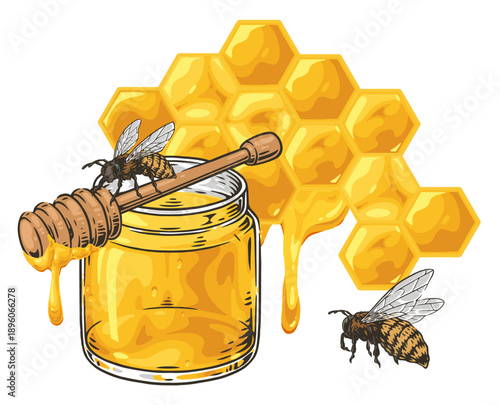 Honey in a jar with bees