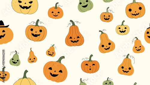 Fun seamless pattern featuring various jack-o-lantern pumpkins with different expressions on a light beige background for halloween decor.