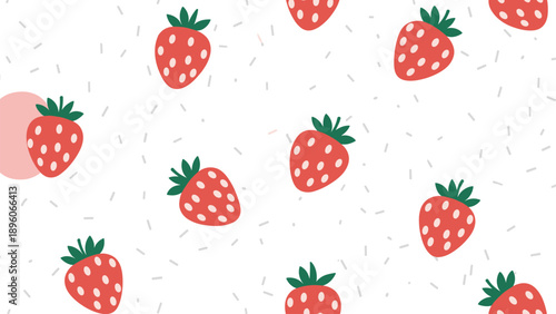 Seamless pattern of red strawberries with green leaves and grey sprinkles on a white background, creating a fresh and sweet summer design.