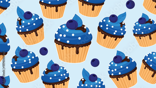 Delicious pattern of blueberry cupcakes with blue frosting, chocolate drip, and whole berries on a light blue background for dessert lovers.