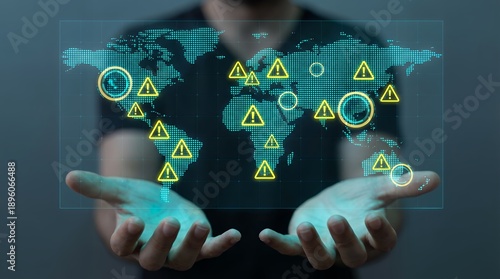 A person s hands display a glowing blue digital world map with illuminated yellow warning symbols and circles indicating areas of concern globally digital map alert signs danger signs
