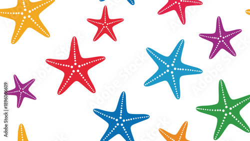 Vibrant seamless pattern of colorful starfish in red, blue, green, purple, and orange on a white background, perfect for summer decor.