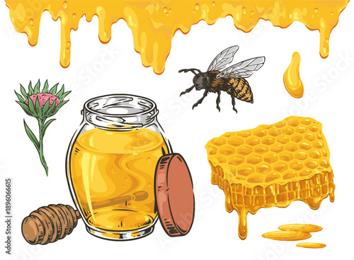 Honey with bees blooms