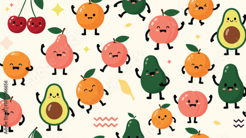 Joyful scene of animated fruit characters dancing and playing together, including oranges, peaches, pears, and avocados on a warm background.
