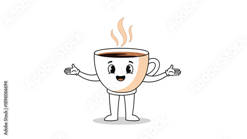 Cheerful cartoon coffee cup with arms and legs, standing with a happy expression and steam rising from its surface against a white background.