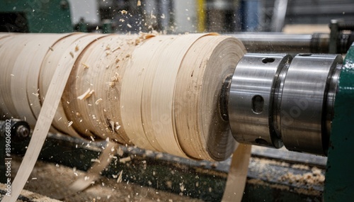 Wallpaper Mural Medium frame showing the precise peeling action of a veneer lathe processing a freshly cut log producing clean lightcolored veneer strips with scattered fresh chips creating Torontodigital.ca