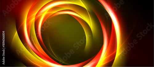 Abstract swirling lines, vibrant reds, oranges, yellows. Dark background creates dramatic visual impact. Circular motion dominates composition.