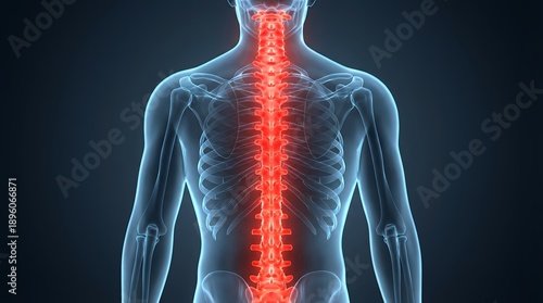 Close up view of a human torso showing the skeletal structure with a glowing red spine against a dark blue gradient human skeleton anatomy medical vertebral column back pain health