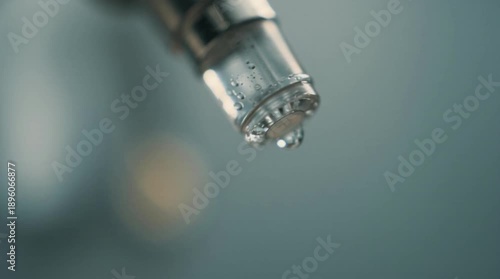 A single drop of water falls from a metal faucet in a serene environment viewed from a close-up perspective.