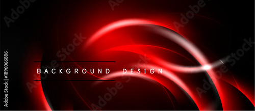 Dark background features vibrant red neon curves. Lines create dynamic abstract composition, modern design element.