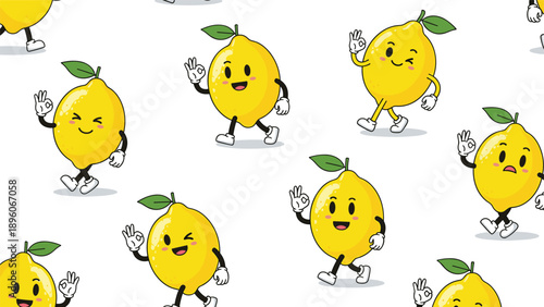 Fun seamless pattern of animated lemon characters with happy faces walking and giving an okay hand sign on a white background.