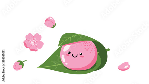 Sweet sakura mochi character resting on a green leaf, surrounded by falling cherry blossom petals and buds in a delicate illustration.