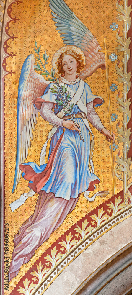 Obraz premium Vienna - The fresco of angel with the flower in the Votivkirche church by brothers Carl and Franz Jobst (sc. half of 19. cent.).