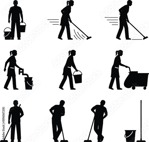Cleaning Routine Icons: A comprehensive set of stylized silhouettes, presenting a variety of cleaning tasks, from mopping to bucket carrying, conveying the essence of housekeeping for labour day