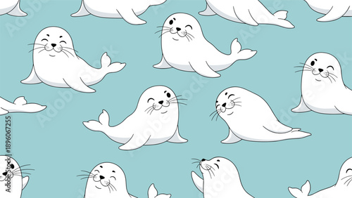 Adorable seamless pattern of cute white seals with playful expressions and winking eyes on a serene light blue background.