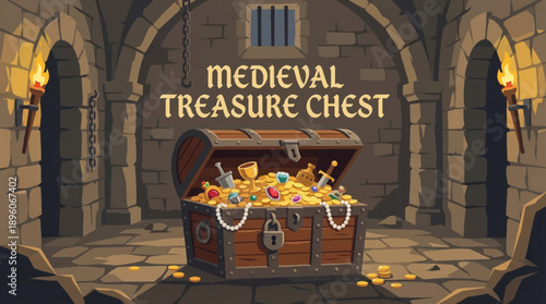 medieval treasure chest inside a stone castle dungeon, designed for fantasy games and historical storytelling vector illustration