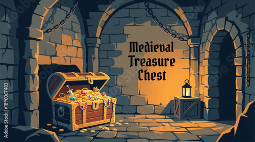 medieval treasure chest inside a stone castle dungeon, designed for fantasy games and historical storytelling vector illustration