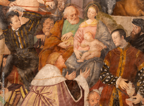 Vercelli - The detail of renaissance fresco of Three Magi in the church Chiesa di San Cristoforo by Gaudenzio Ferrari (1529 - 1534).