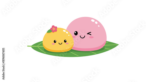 Two delightful mochi characters in yellow and pink resting on a green leaf, perfect for Japanese food or dessert themes.