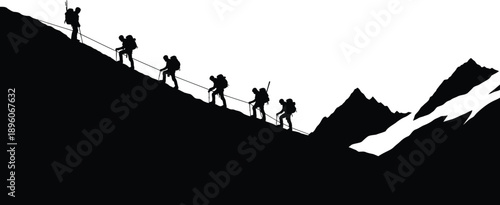 Hikers climbing steep mountain trail with ropes for safety