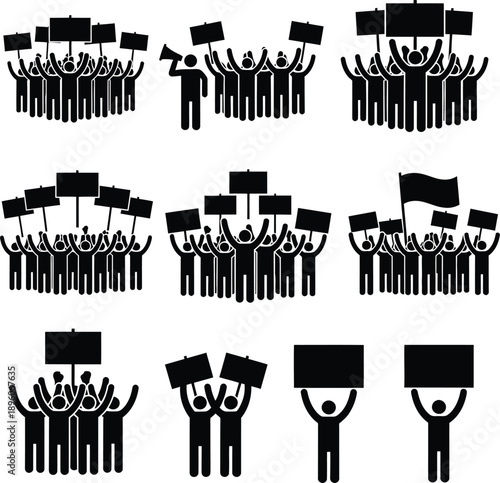 Protest Assemblage: Symbolic depictions of unity and dissent, with figures raising placards and a megaphone, symbolizing collective action and the fight for causes for labour day