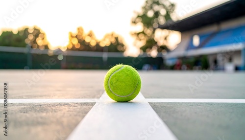 Close-up of a single tennis ball on a court during golden hour.