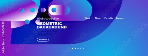 Abstract website mockup. Vibrant blue purple gradients dominate design. Geometric shapes, text elements present clean layout.