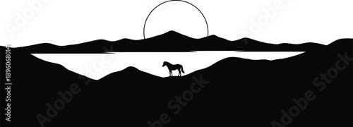 Minimalist mountain landscape silhouette with horse, wild stallion standing in valley at sunset, black and white nature scenery vector EPS