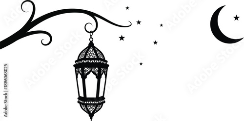 Elegant lantern hanging under crescent moon with stars