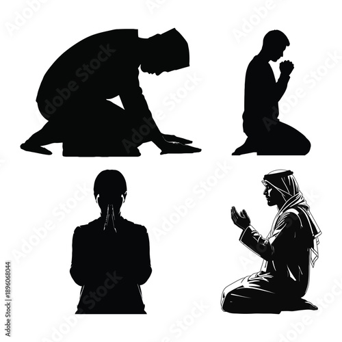 Four figures in prayer poses depicted in stark black and white silhouette