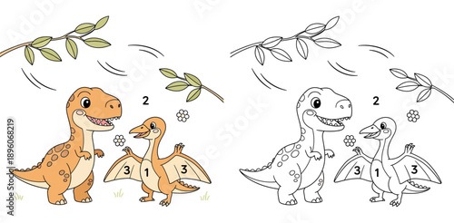 Cute cartoon T-Rex and Pterodactyl dinosaurs with numbers, educational vector illustration for kids learning and counting games