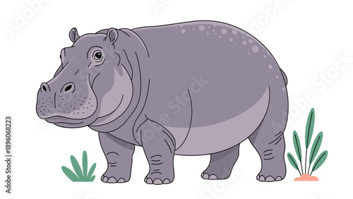 Detailed vector illustration of a massive purple hippopotamus standing calmly beside small green plants on a white background.