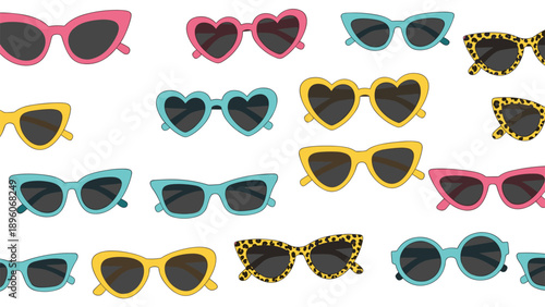 Stylish seamless pattern of colorful trendy sunglasses in various shapes like hearts and cat eyes with animal print designs.