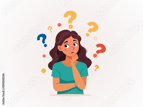 Young Woman Feeling Confused and Thoughtful with Question Mark Icons
