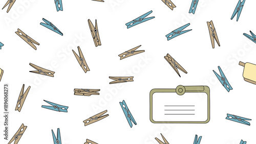 Playful seamless pattern of blue and brown wooden clothespins scattered around a rectangular label tag on a white background.