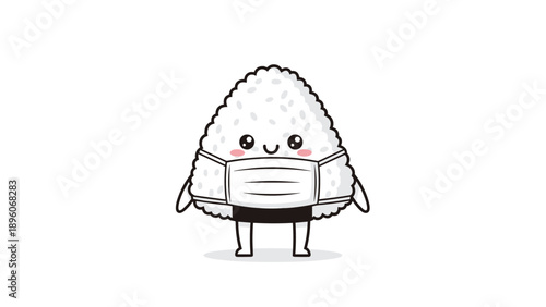 Responsible onigiri rice ball cartoon character wearing a protective white medical face mask to promote health and safety.